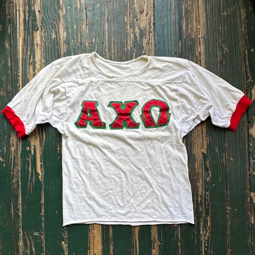 Vintage Alpha Chi Omega AXO Ringer T-Shirt White Red Greek Letter Sorority Tee